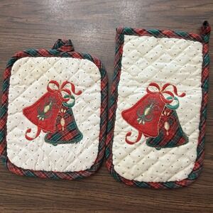 Vintage Christmas Bell Appliqué Quilted Pot Holder Mitt Set Tartan Plaid